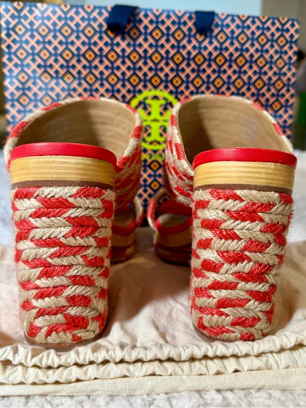 Tory Burch Lola Woven Jute & Leather High-Heel Slide Sandals Size 7.5 🧡